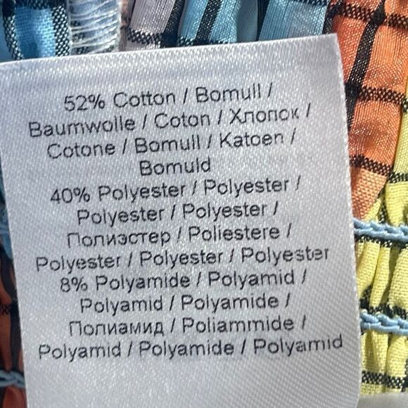 Ganni Windowpane Gingham Multi Striped Smocked Top Puff Sleeves Sz 36/US… - Picture 7 of 11